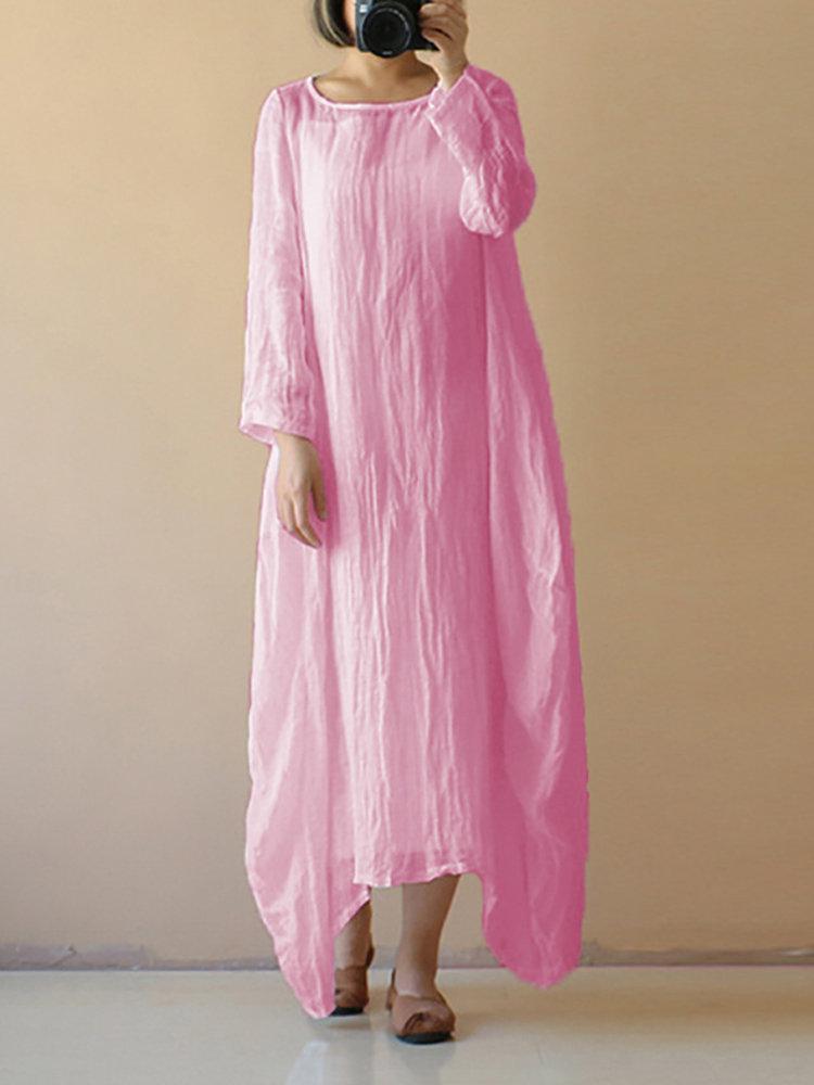 Vintage Asymmetrical Pure Color Long Sleeve Maxi Dresses