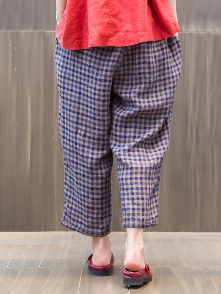 Loose Elastic Waist Plaid Trousers For Women