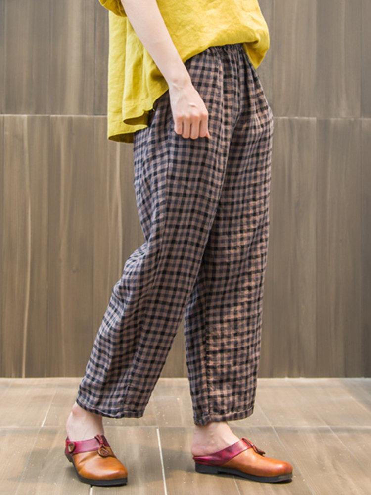 Loose Elastic Waist Plaid Trousers For Women