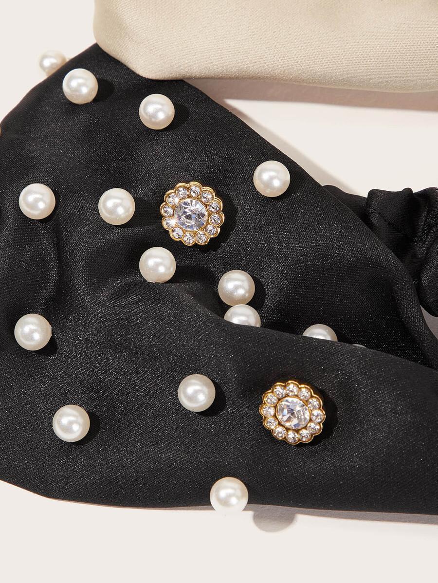 2pcs Faux Pearl & Rhinestone Decor Headband