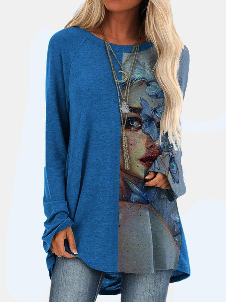 Vintage Patchwork Printed O-neck Long T-shirt For Women