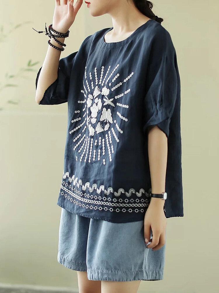 Flower Embroidery Half Sleeve Loose T-shirt For Women