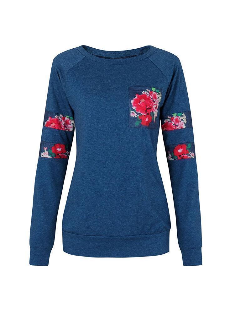 Casual Floral Print Patchwork Long Sleeve O-neck Women T-shirts