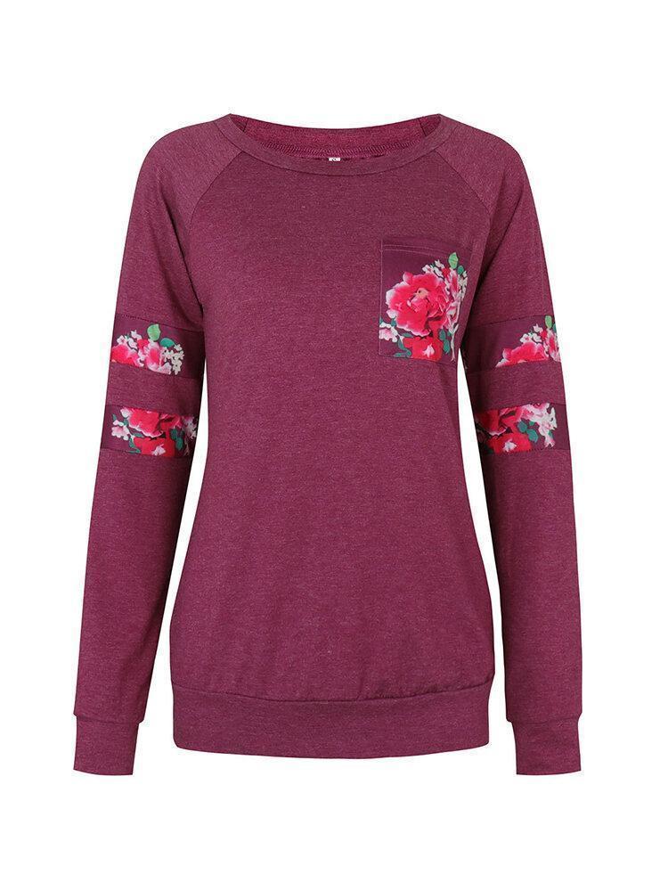 Casual Floral Print Patchwork Long Sleeve O-neck Women T-shirts