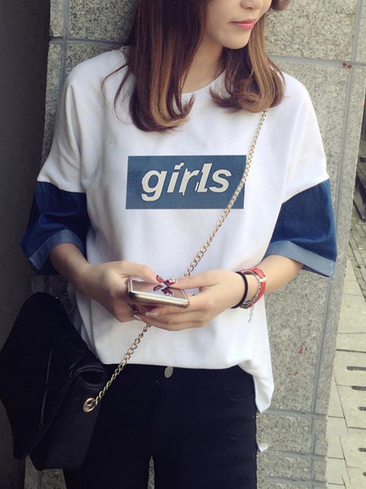 Denim Patchwork Printed Letters Short Sleeve Casual T-Shirts