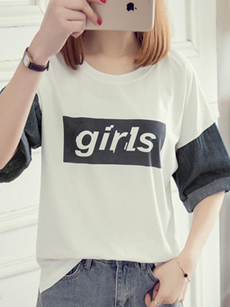 Denim Patchwork Printed Letters Short Sleeve Casual T-Shirts