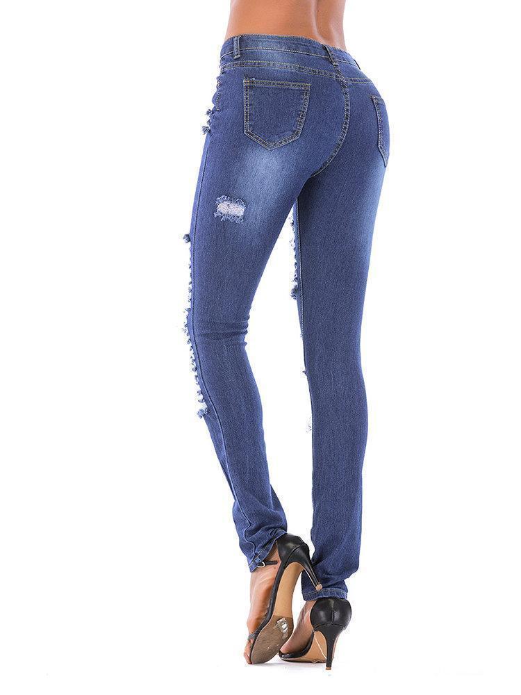 High Waist Broken Hole Skinny Long Jeans