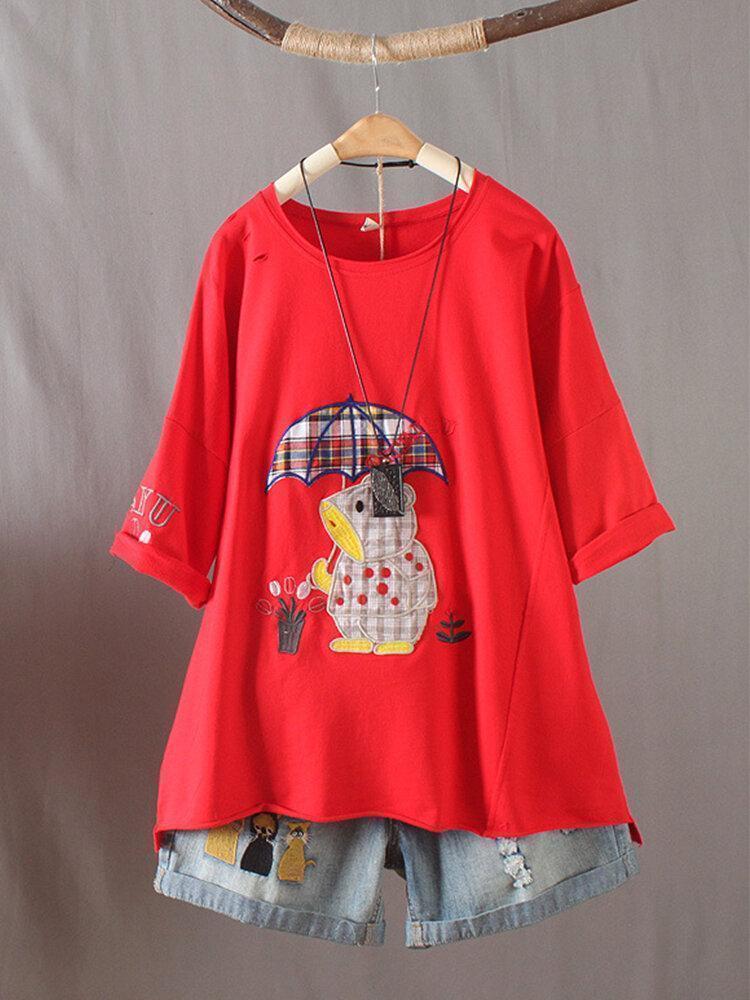 Cartoon Embroidery O-Neck Short Sleeve T-shirt For Women