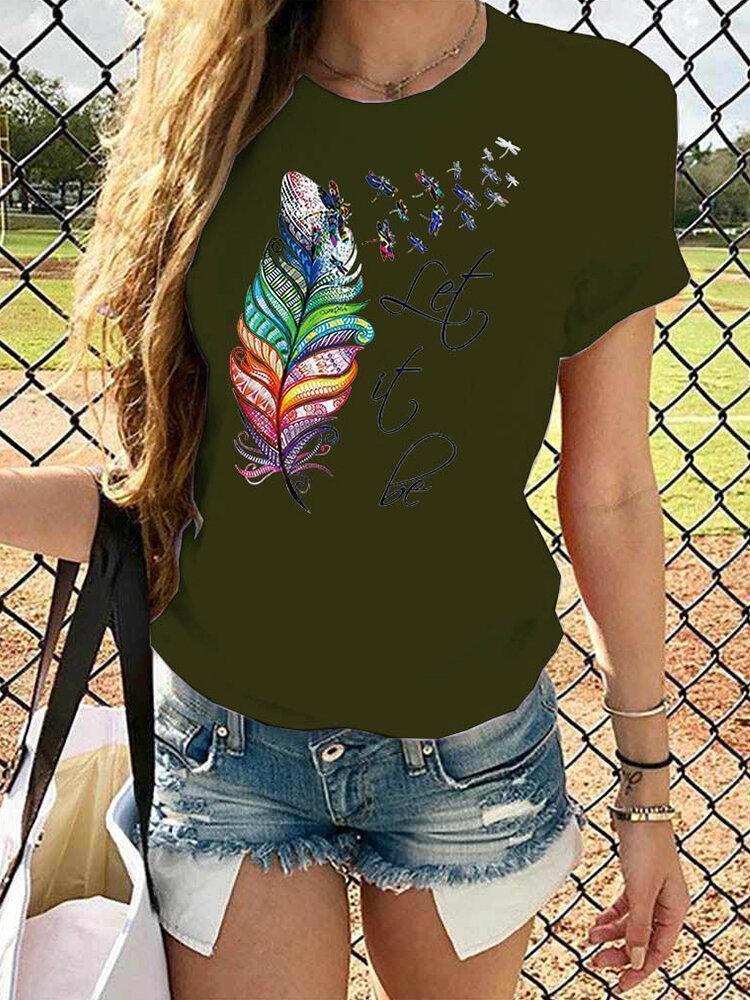 Feather Dragonfly Print Short Sleeve Casual T-shirt For Women