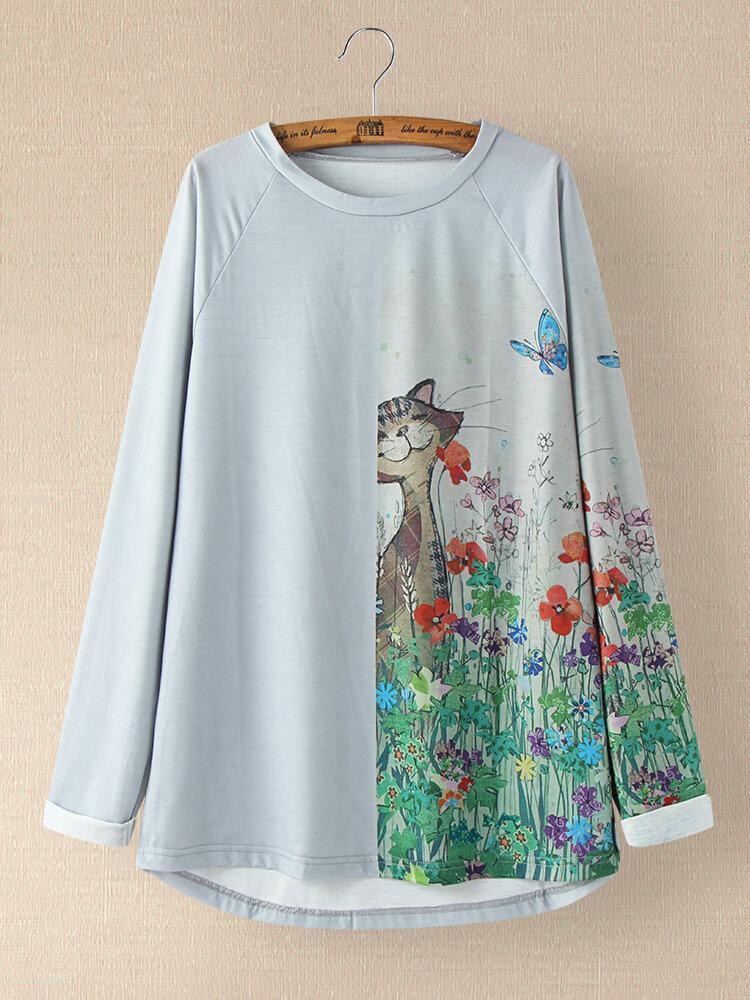 Cartoon Patchwork Print O-neck Casual Long T-shirt For Women