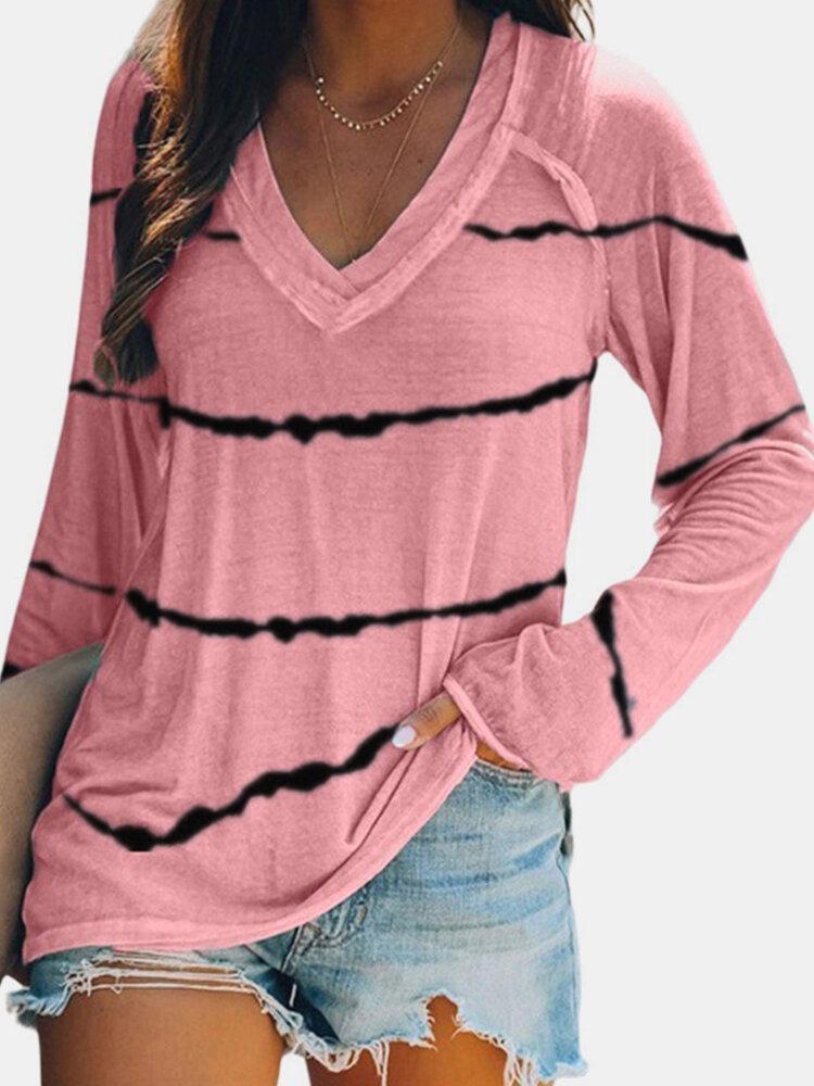 Striped Long Sleeve V-neck T-shirt For Women