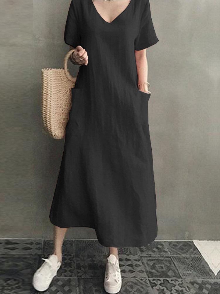 Vintage Short Sleeve V Neck Pockets Dress