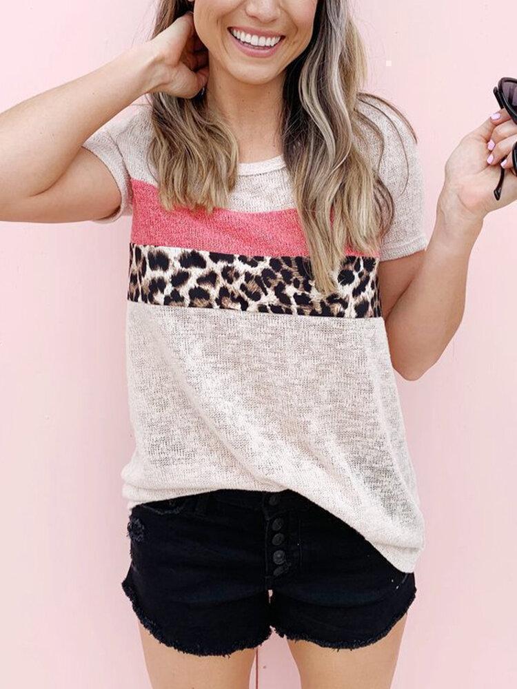 Leopard Printed O-neck Short Sleeve Casual T-shirt