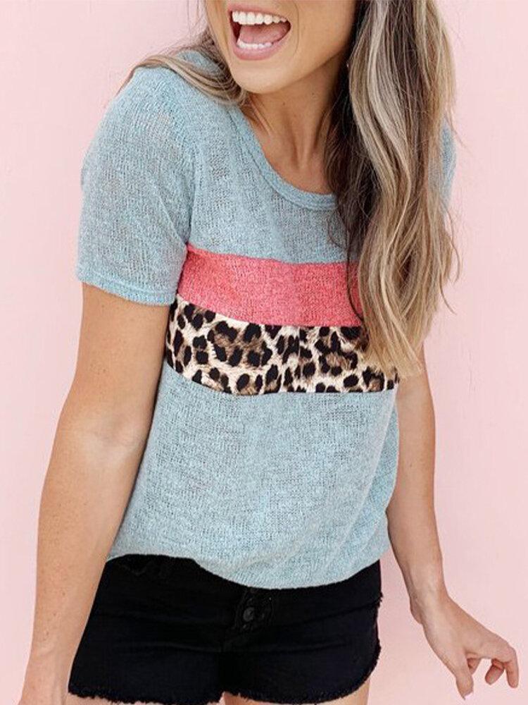 Leopard Printed O-neck Short Sleeve Casual T-shirt