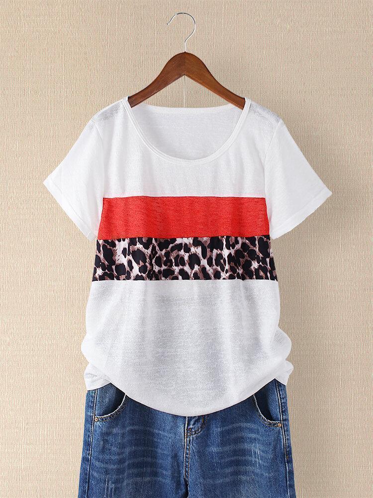 Leopard Printed O-neck Short Sleeve Casual T-shirt