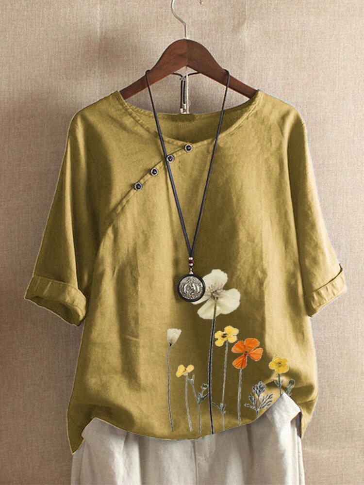 Floral Printed Button O-neck Half Sleeve T-shirt