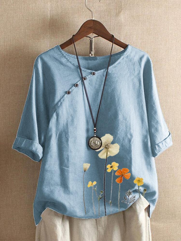 Floral Printed Button O-neck Half Sleeve T-shirt