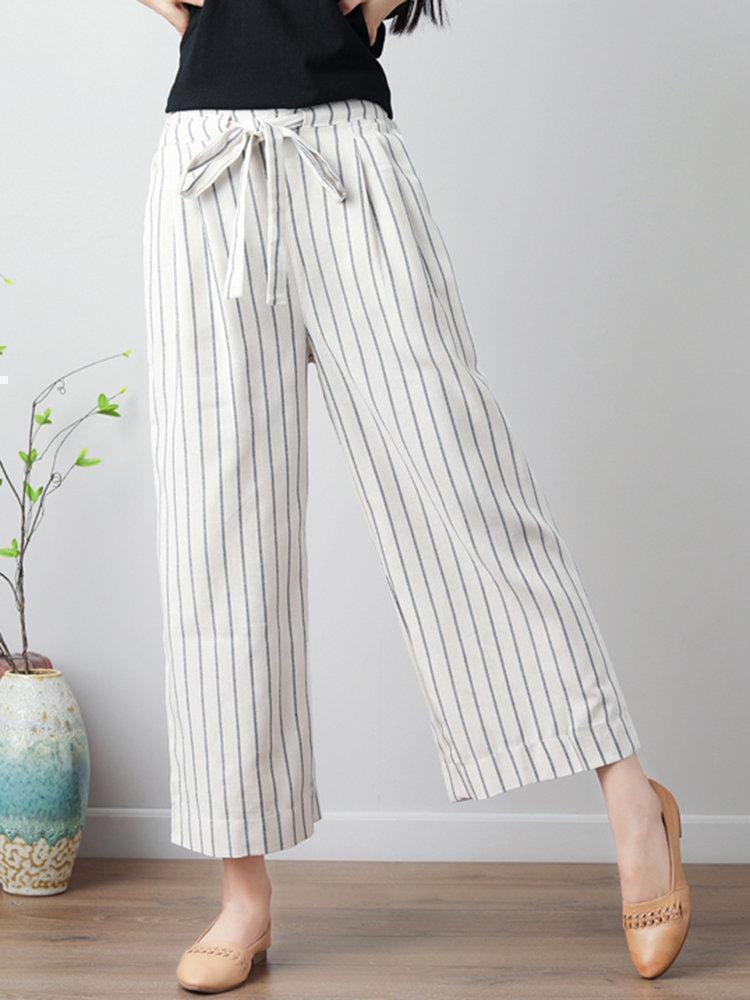 Stripe Wide Leg Drawstring Waist Casual Pants