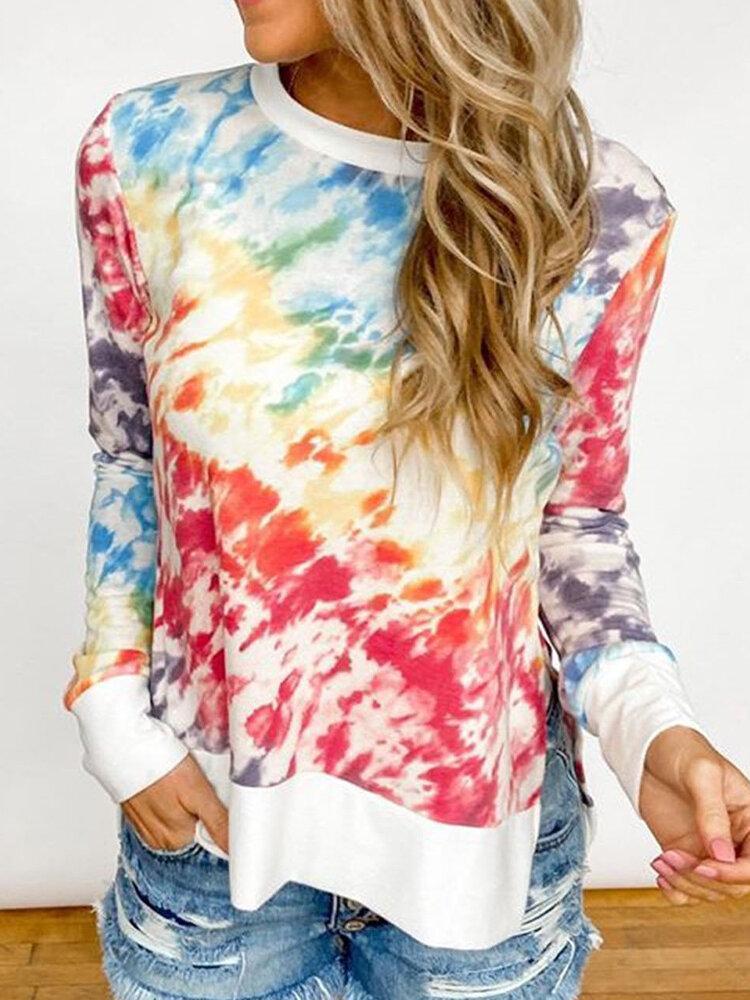 Tie-dye O-neck Side Slit Casual Long Sleeve T-Shirt