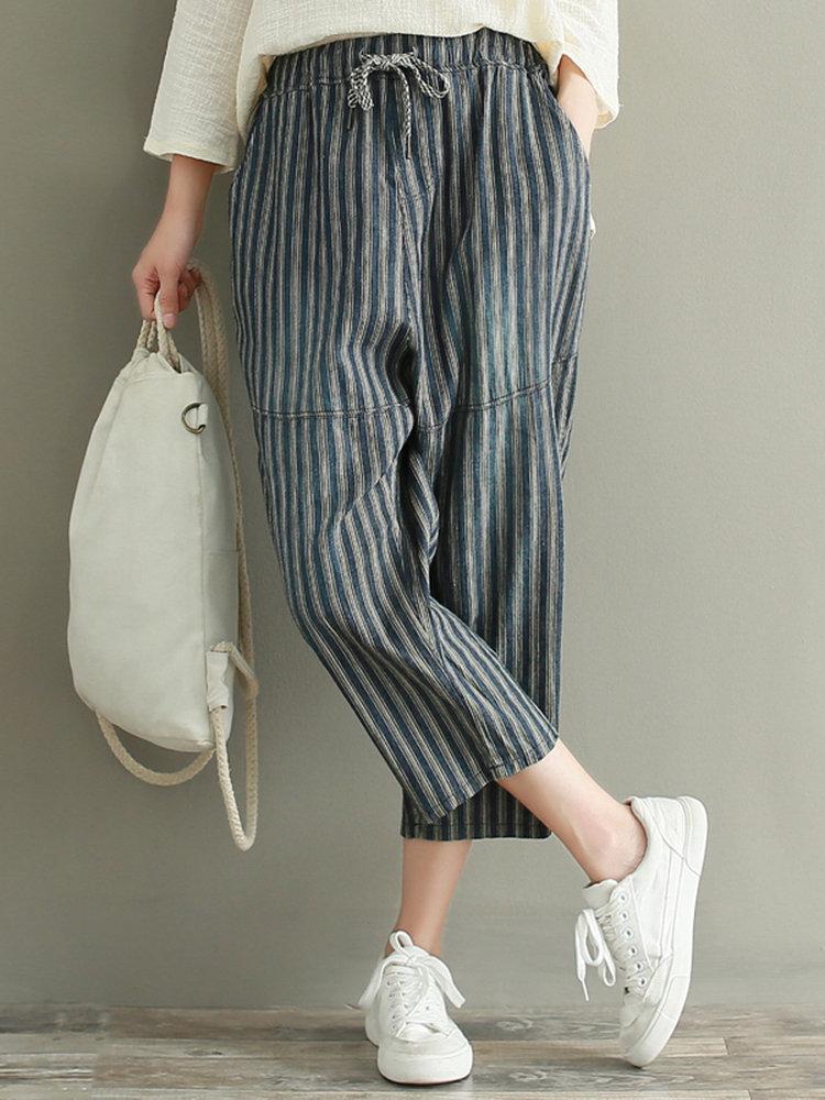 Casual Stripe Drawstring Waist Loose Women Pants