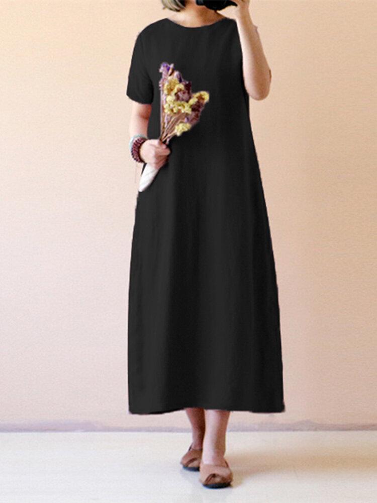 Pure Color Short Sleeve Long Maxi Vintage Dresses