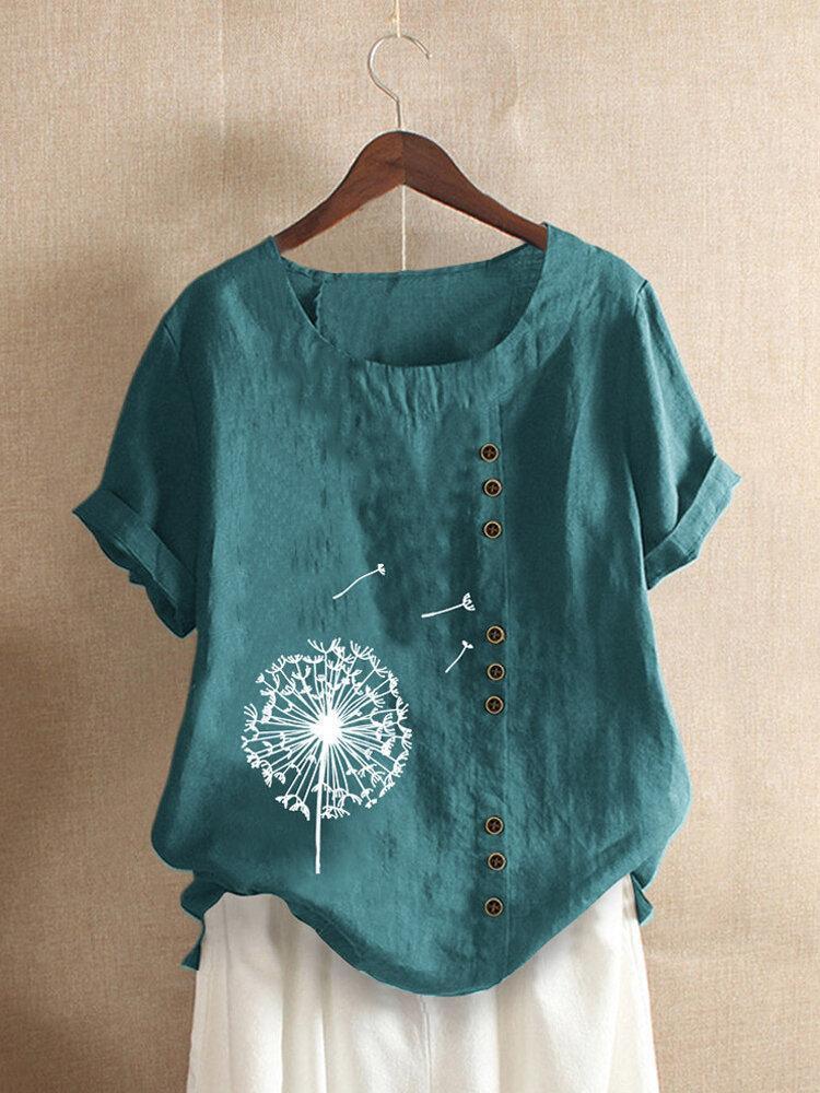 Floral Printed Short Sleeve Button T-shirt For Women