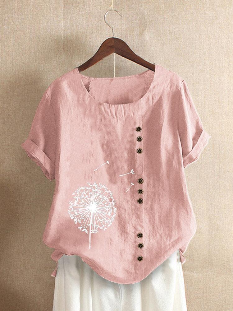 Floral Printed Short Sleeve Button T-shirt For Women