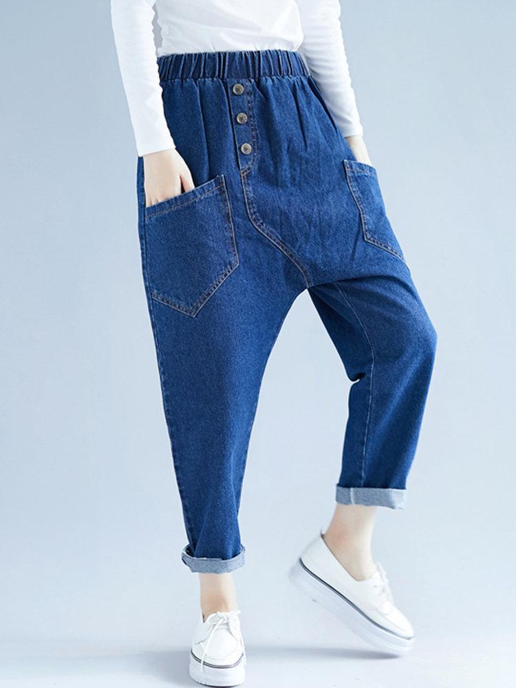 Button Solid Color Elastic Waist Casual Harem Denim