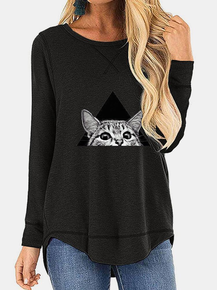 Cat Printed Casual O-neck Irregular T-Shirt For Women