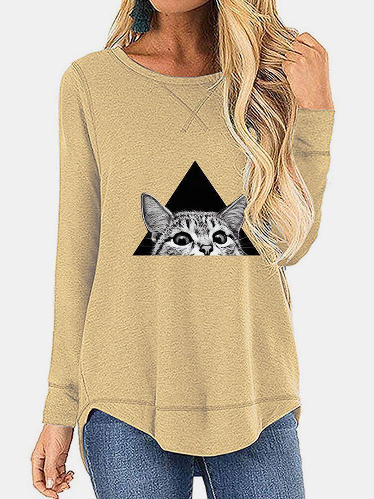 Cat Printed Casual O-neck Irregular T-Shirt For Women