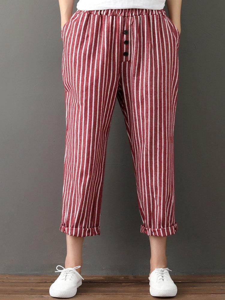 Buttons Stripe Elastic Waist Pockets Casual Harem Pants