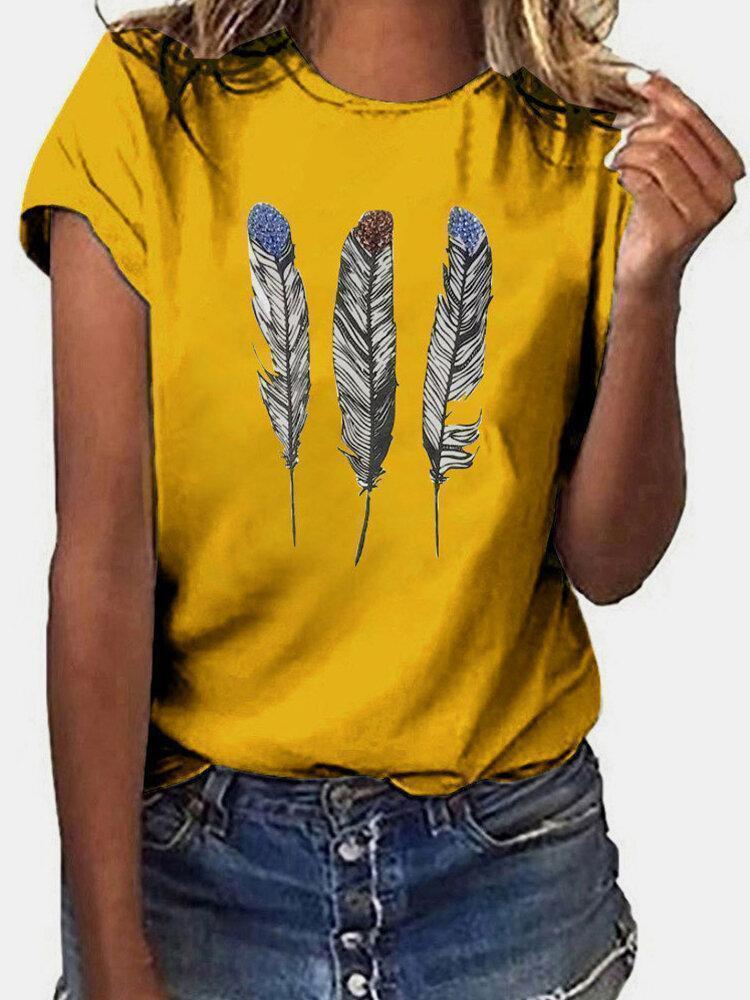 Feather Print Short Sleeves O-neck Casual T-shirt For Women