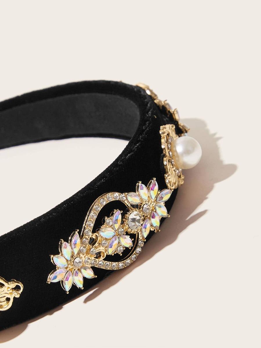 Faux Pearl Decor Rhinestone Engraved Flower Decor Headband