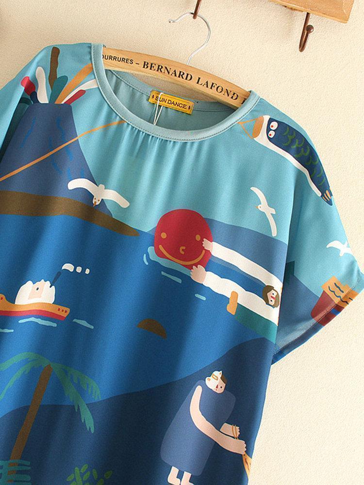 Short Sleeve Cartoon Print Patchwork O-neck Casual T-shirts