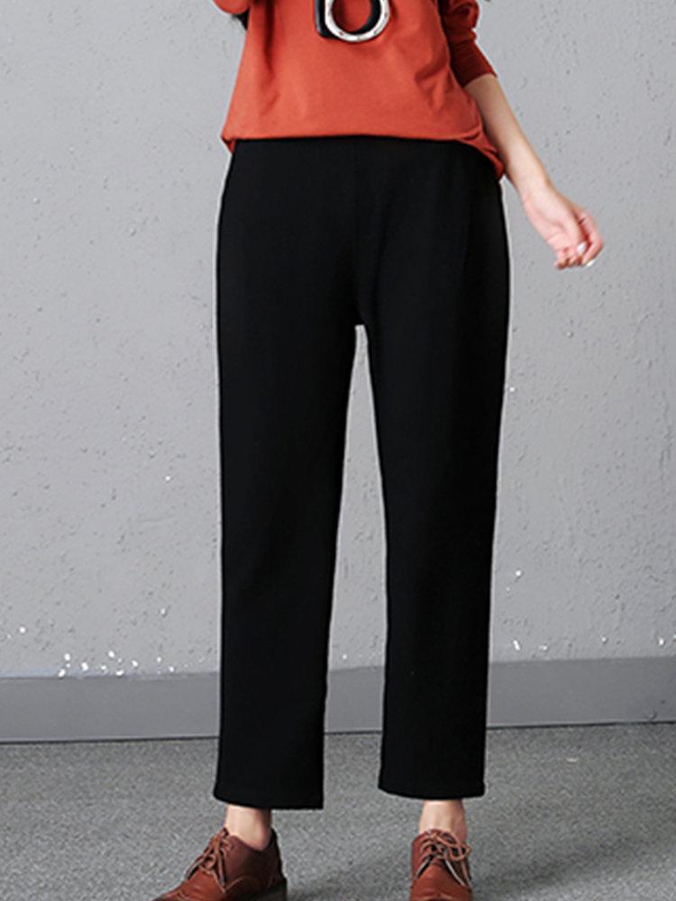 Casual Pure Color Elastic Waist Women Pants With Pockets