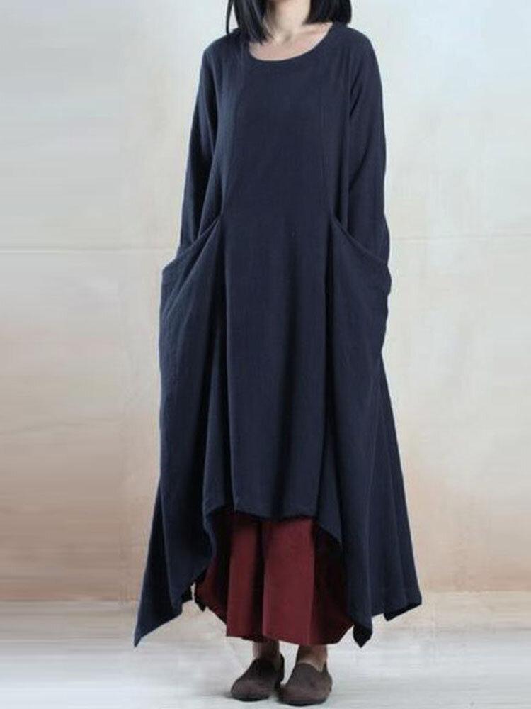 Loose Asymmetrical Crew Neck Pocket Vintage Dress