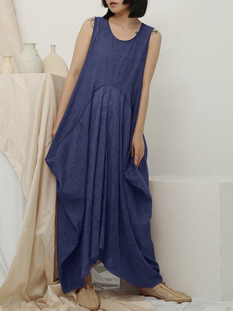 Irregular Sleeveless Solid Color Vintage Dress For Women