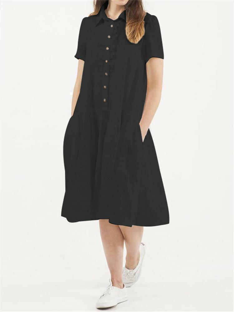 Vintage Button Solid Color Short Sleeve Dress