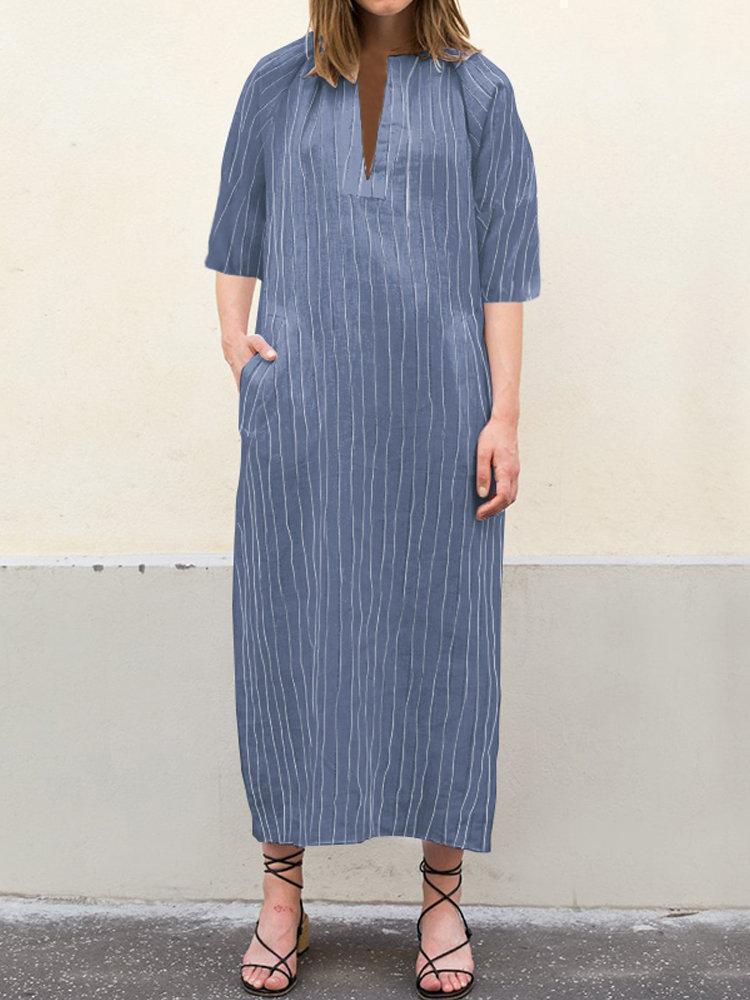 Vintage Striped V Neck Pockets Summer Maxi Dress