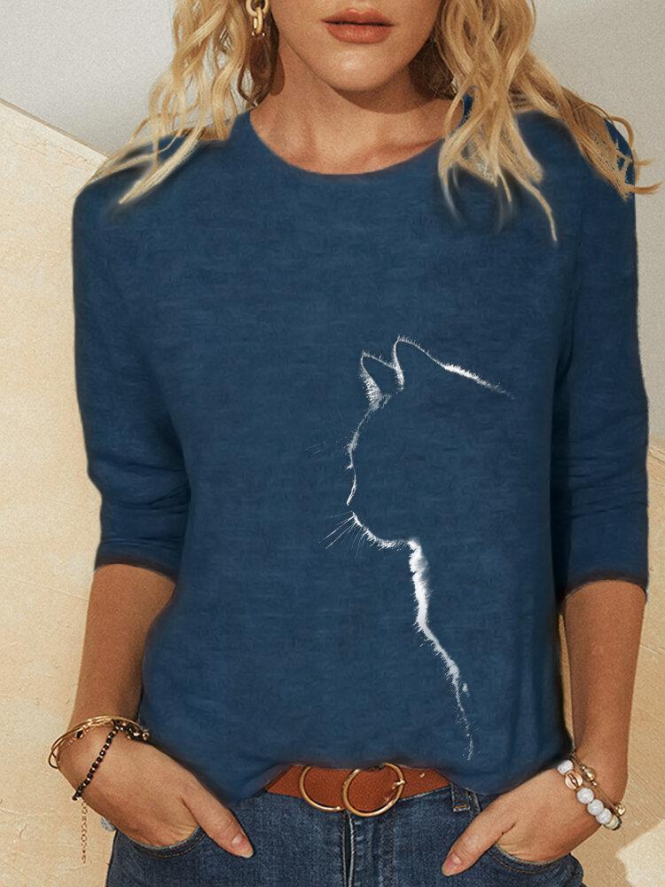 Cat Print Long Sleeves O-neck Casual T-shirt For Women