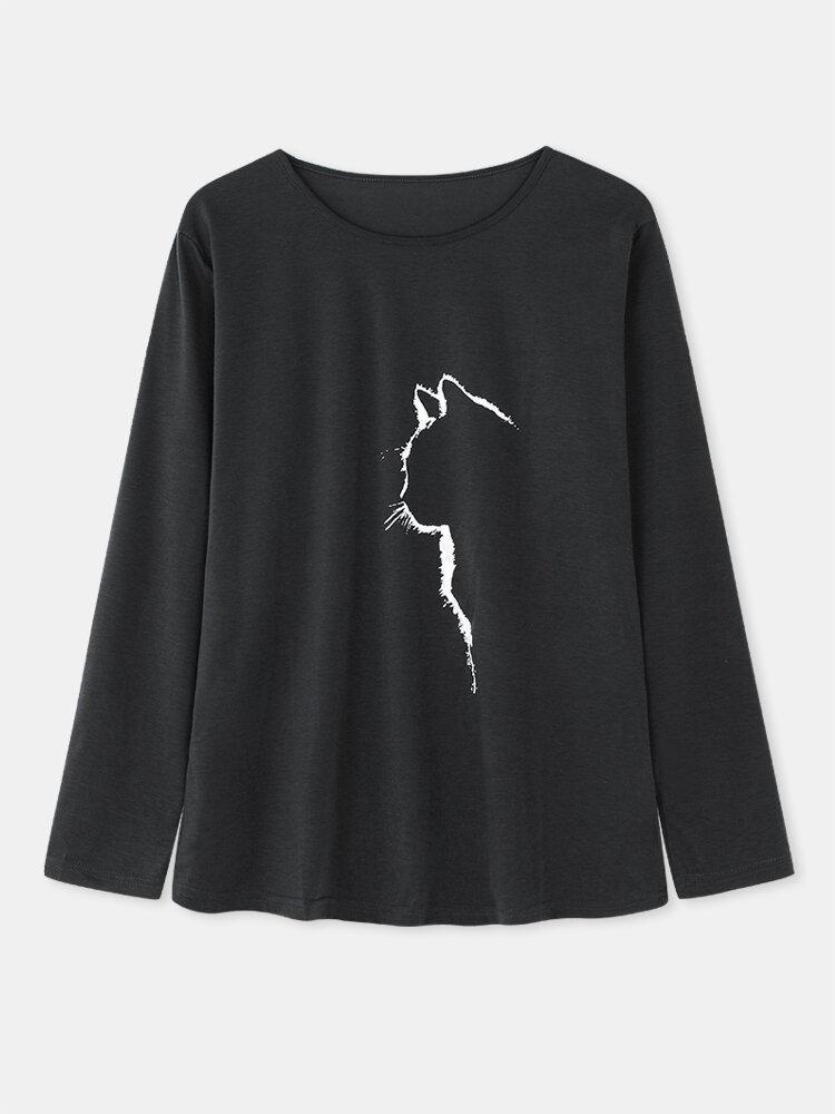 Cat Print Long Sleeves O-neck Casual T-shirt For Women