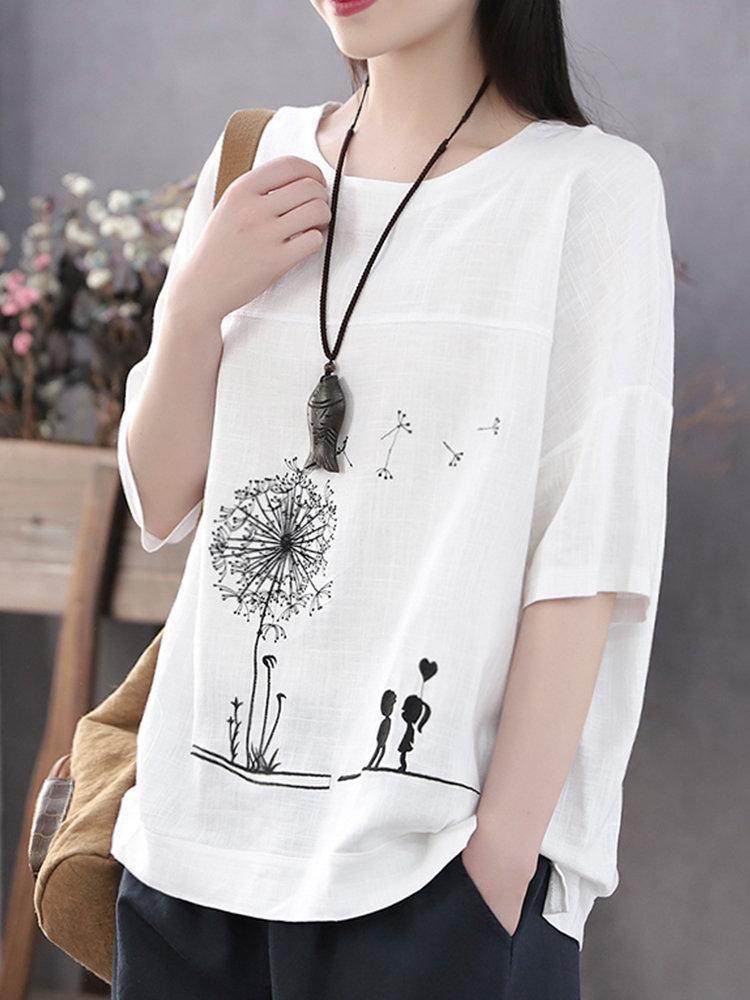 Summer Print Flower Casual Short Sleeve Cotton T-Shirt