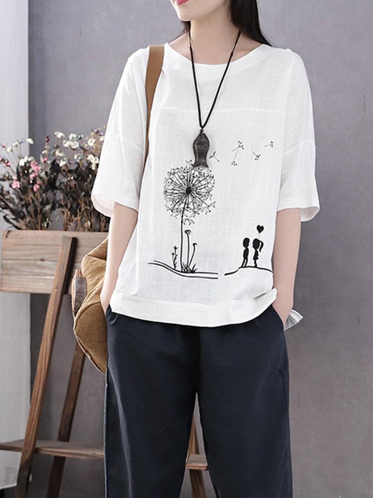 Summer Print Flower Casual Short Sleeve Cotton T-Shirt