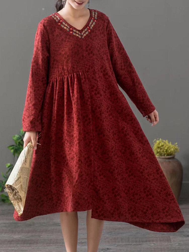 Embroidered Jacquard Asymmetrical Long Sleeve Vintage Dresses