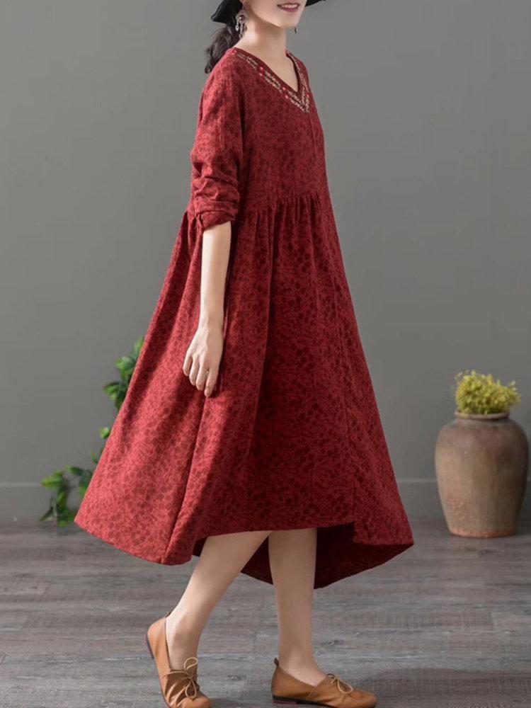 Embroidered Jacquard Asymmetrical Long Sleeve Vintage Dresses