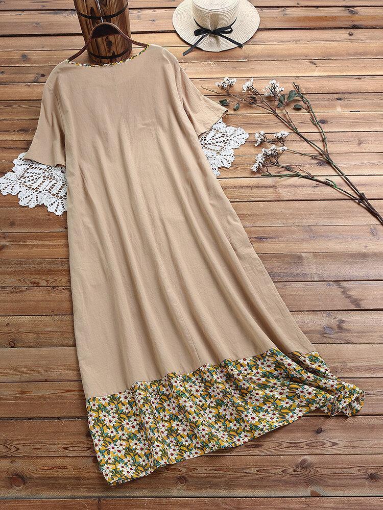 Floral Printed Patchwork Vintage Crew Neck Short Sleeve Maxi Dress