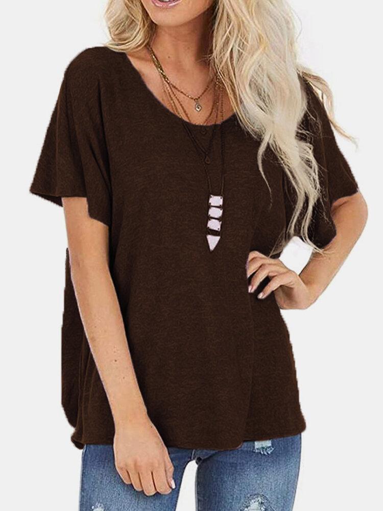 Solid Color O-Neck Short Sleeve Backless T-shirt