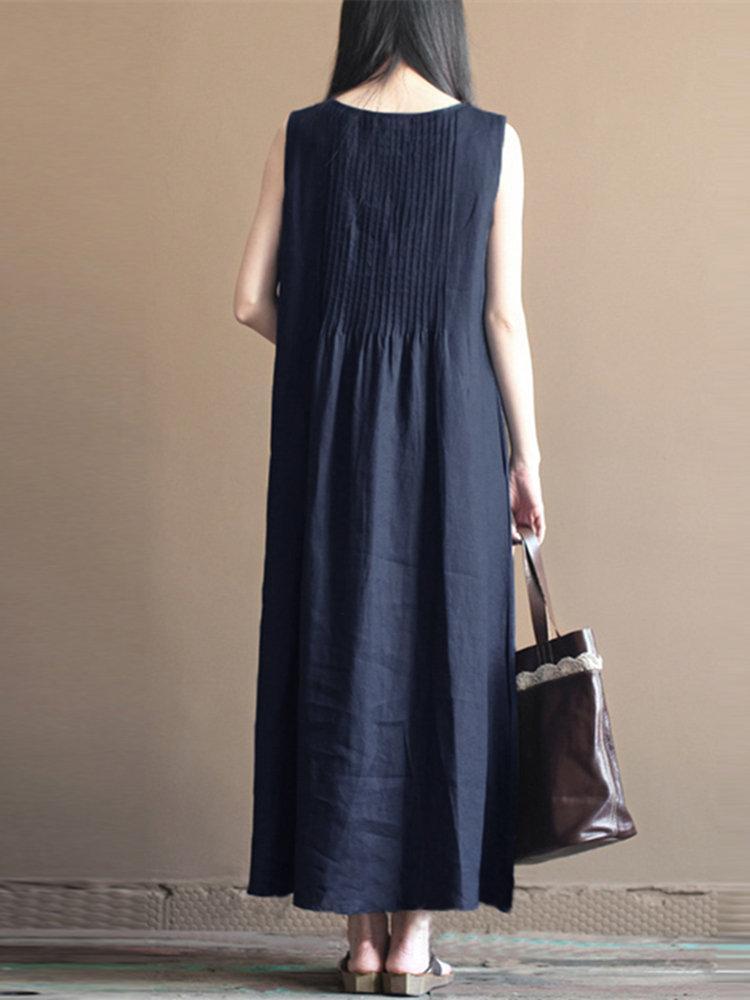 Vintage Pleated Sleeveless Pure Color O-neck Dresses