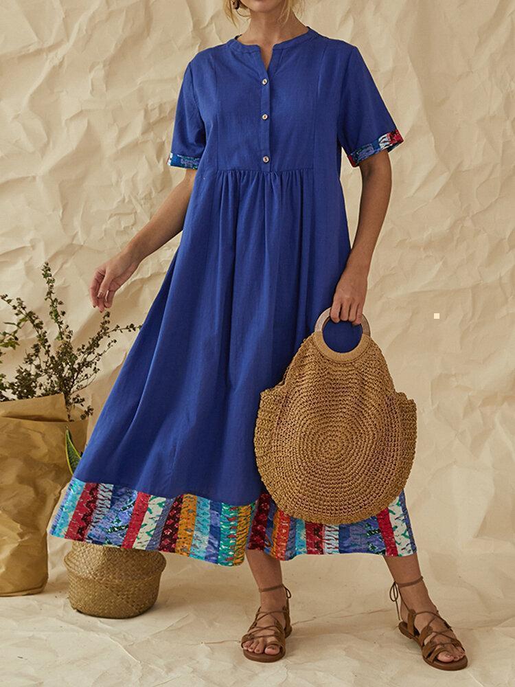 Vintage Patchwork Notch Neck Short Sleeve Button Maxi Dress