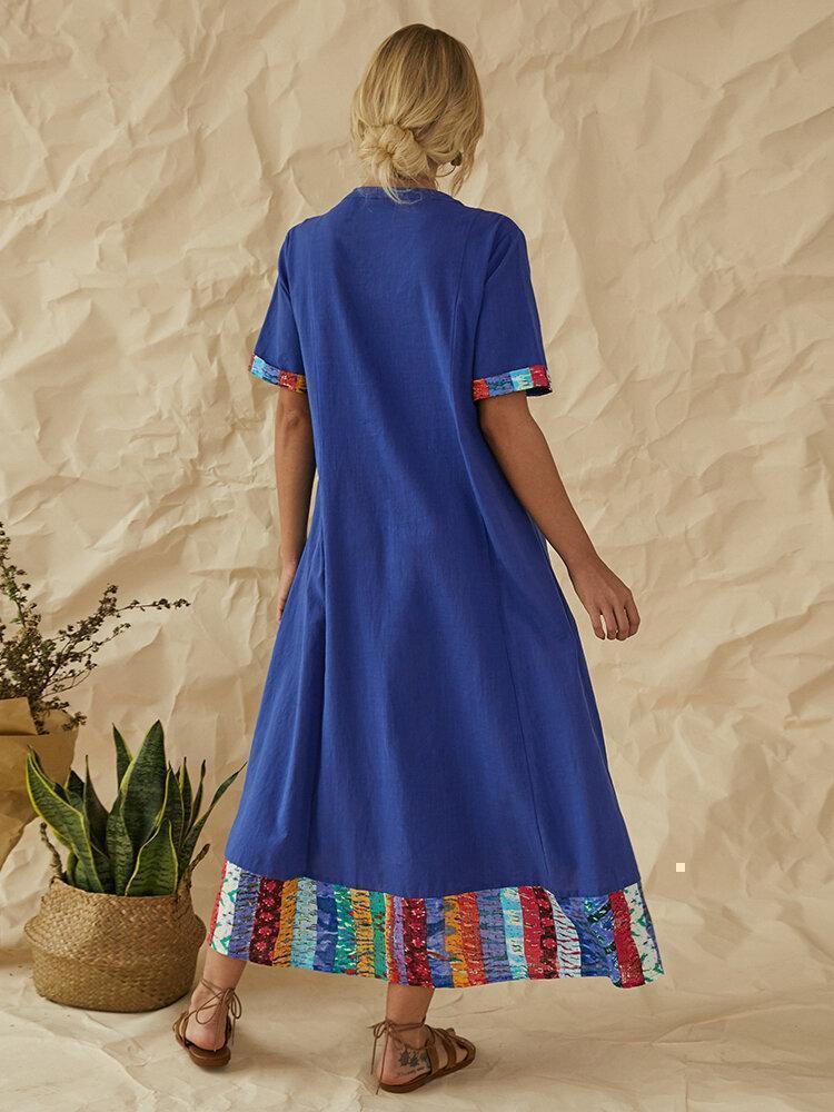 Vintage Patchwork Notch Neck Short Sleeve Button Maxi Dress